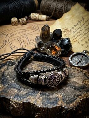 Hand Crafted Black Braided Leather Bracelet with Silver Compass Medallion